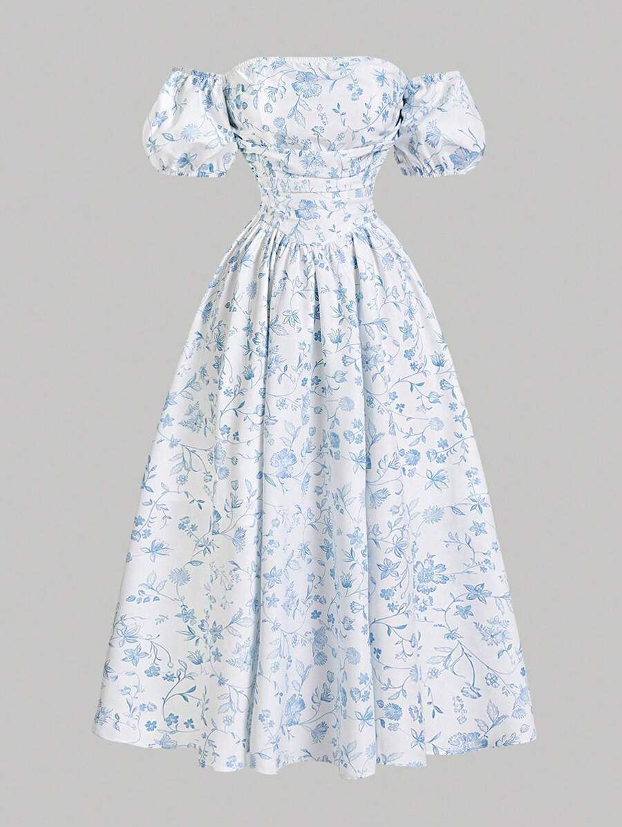 SHEIN Girlism Tween 女童休闲花卉印花露肩褶皱连衣裙