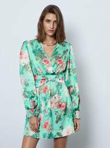 Maija 女士春夏花卉印花 V 领长袖优雅短裙飘逸连衣裙花朵连衣裙