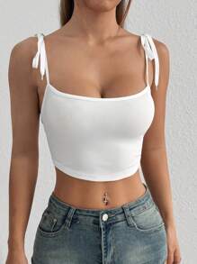 EgrlEra Solid Color Spaghetti Strap Lace-Up Casual Top - White - View 6