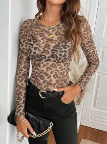 Easowa Women Leopard Print Mesh Fabric Casual And Office Wear Slim Fit Elegant Sweater Top For Autumn Winter Fall Clothes Women Graphic Tees Women Holiday Outfits Western Woman Attire Cheetah Print Leopard Print Top - Multicolor - View 4