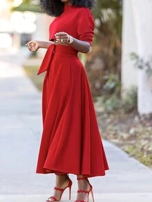 女式纯色圆领长袖上衣和口袋裙两件套，休闲装 - 紅色 - 查看 4