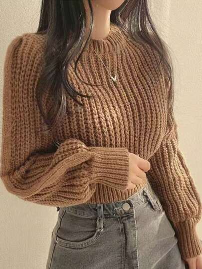 INAWLY Jersey de cuello redondo de unicolor casual de manga larga para mujer, otoño, parte superior de manga larga