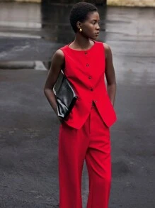 BizChic 女士无袖西装外套，适合城市通勤、商务、休闲装、优雅装扮，秋冬 - 紅色 - 查看 1