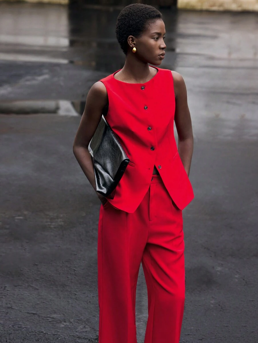 BizChic 女士无袖西装外套，适合城市通勤、商务、休闲装、优雅装扮，秋冬 - 紅色 - 查看 1