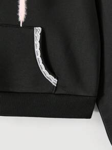 SHEIN MOD Czarna luźna bluza z kapturem z koronką i kokardą z napisem dla kobiet, ciepła odzież na jesień i zimę, bluza z kapturem, bluzki na wyjścia - Czarne - Zobacz 3