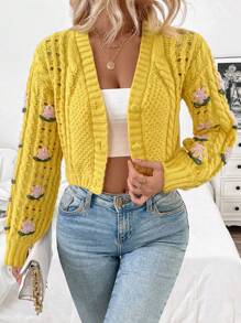 Chiquease Cardigan court, ample et lâche, tricoté avec texture de corde torsadée, style européen et américain à la mode, doux et délicat avec fleurs brodées en 3D