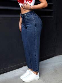 SHEIN PETITE Women's Casual Pocket Cone-Shaped Multi-Purpose Denim Pants