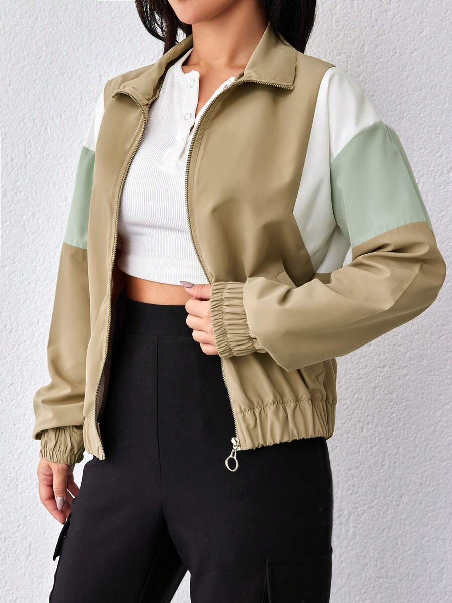 EURMUSE Khối màu Dây kéo Khép kín Của phụ nữ Đệm Áo khoác - Màu be - Xem 1