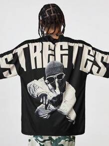 AXEPEAK 男式宽松数码印花圆领短袖针织 T 恤，适合说唱歌手、外出、夏季、街头潮流、情绪摇滚、2000 年代风格 - 棕色 - 查看 4