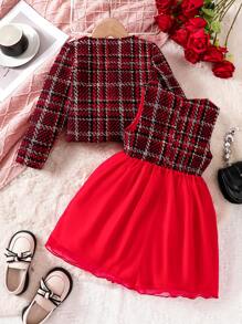 2pcs Young Girls Tweed Round Neck Jacket & Mesh Contrast Dress Set, Suitable For Parties Or Formal Occasions - Red - View 2