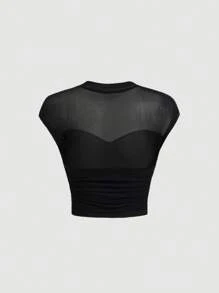 SHEIN MOD Contrast Mesh Ruched Tee - Black - View 2