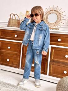 SHEIN 2pcs/Set Young Girl Fashion Distressed Denim Jacket And Jeans Casual Outfit