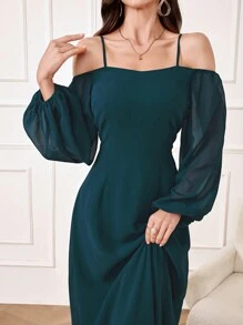 Modelyn فستان طويل أنيق لذوات الكتف المكشوف بأكمام فوانيس، لون واحد