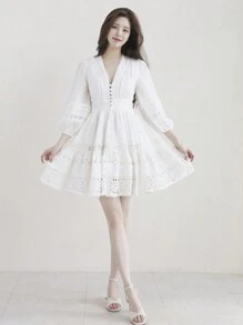 DAZY Ladies Lace Patchwork Elegant Midi Dress,Ruffle,Fall Dress Long Sleeve Dress