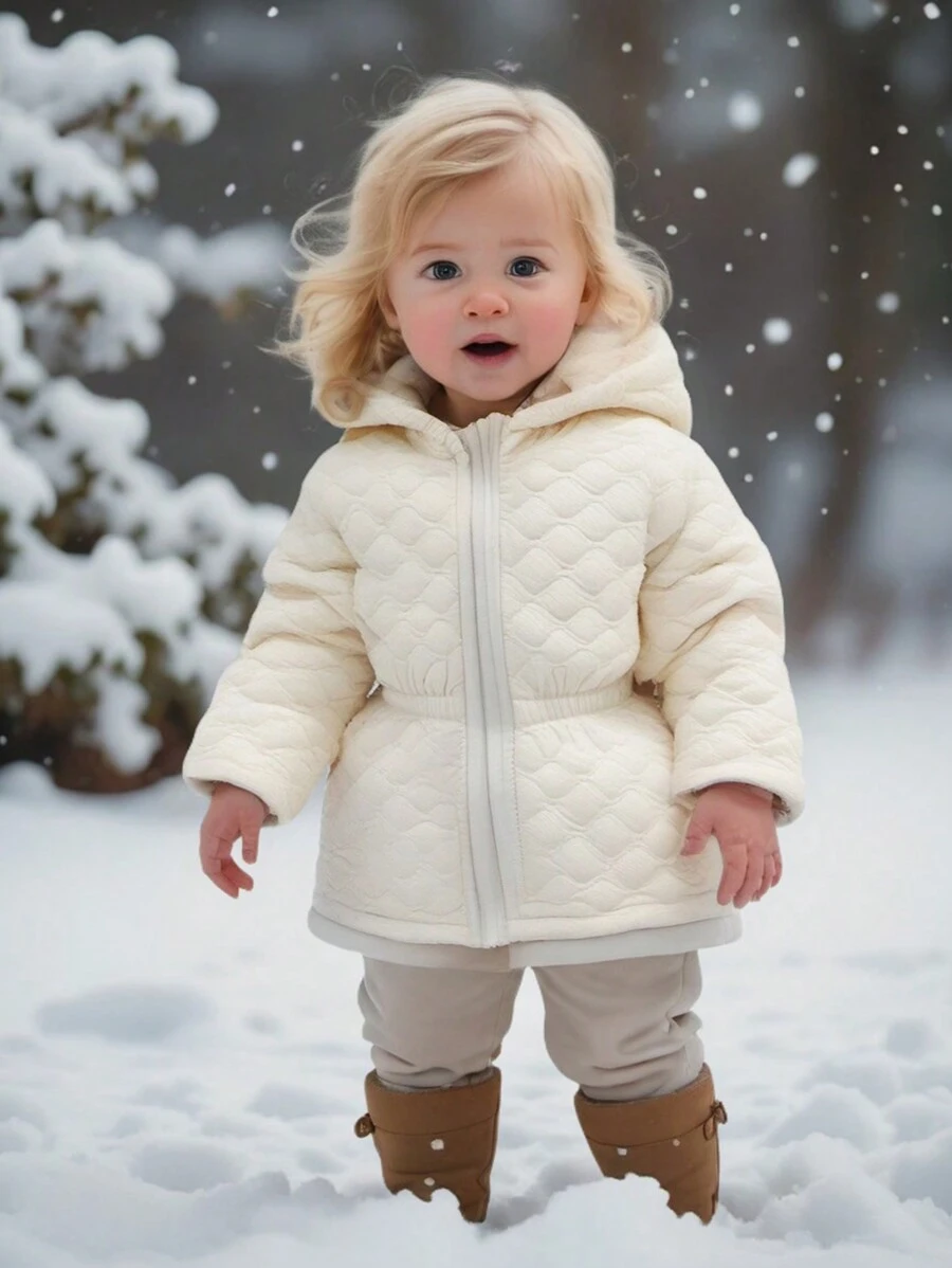 Baby Girls Winter Coats Embroidery Horizontal Strip Fashion Simple Everything Suitable  With Hooded Waist Design - White - View 1