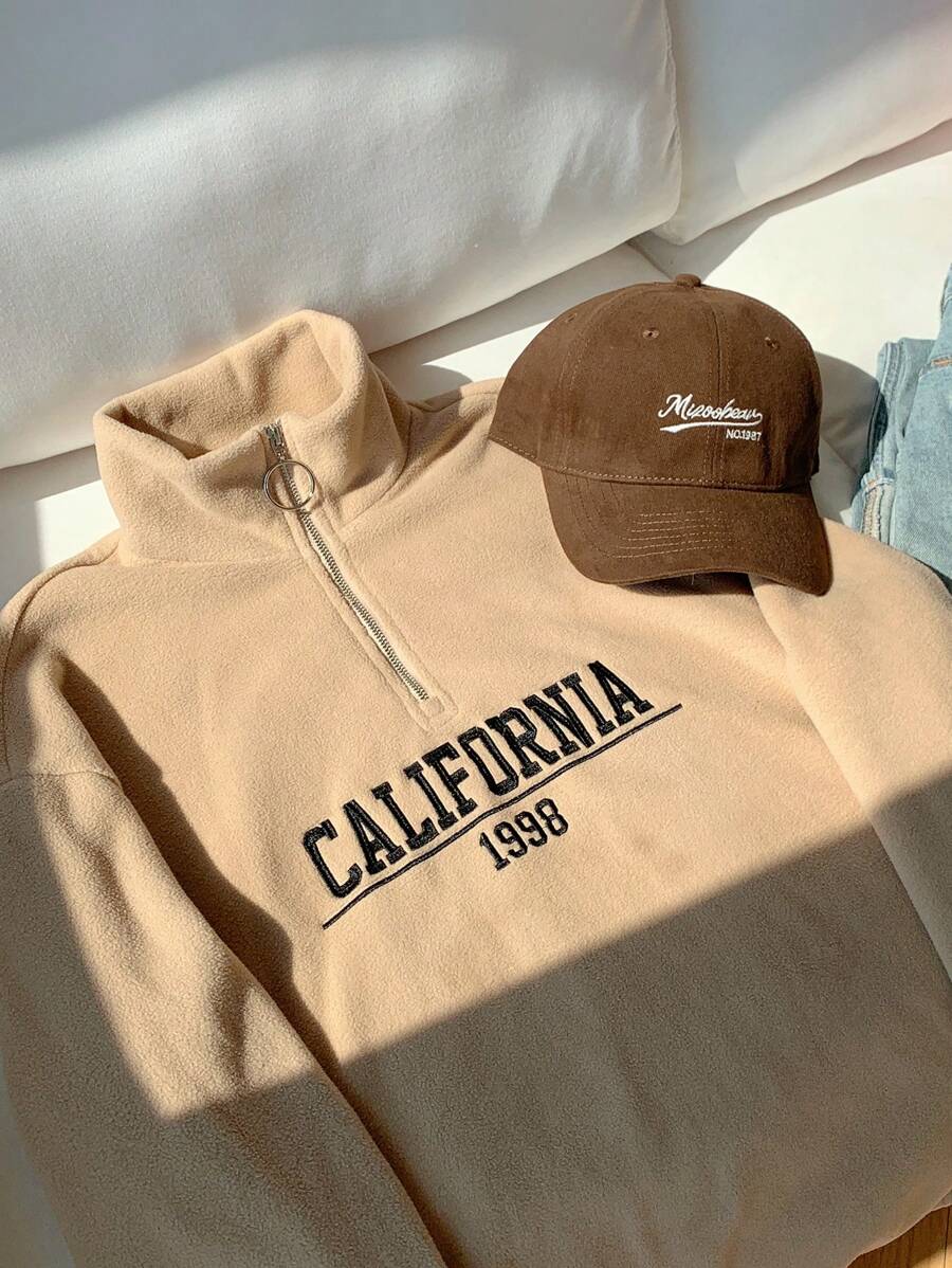 Comfortcana Apricot Slogan Print Fuzzy Pullover Sweatshirt For Women, School - Khaki - View 1