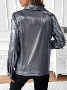 SHEIN Clasi Women's Button Ruched Sleeve Fashionable Charming Blouse Fall Cloth For Women - Silver - View 2