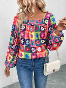 SHEIN LUNE 女式春夏花卉印花方领灯笼袖宽松衬衫 - 彩色 - 查看 7