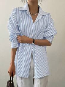 DAZY Striped Collared Loose Long Sleeve Button-Down Shirt For Women - Blue - View 4