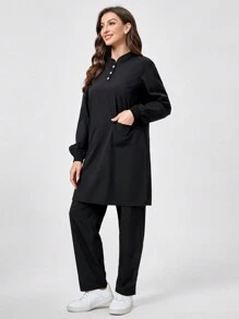 TaskEZ Bộ đồng phục y tá gồm 2 món: Áo dài tay có nút trang trí và quần - màu đen - Xem 3