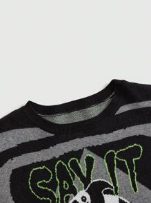 Beetlejuice | ROMWE 女式超大哥特式条纹拼色漩涡怪物徽标提花针织毛衣 - 黑色 - 查看 4