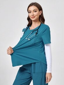 TaskEZ 纯色圆领短袖宽松制服磨砂上衣 - 墨綠色 - 查看 4