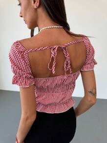 Aloruh Y2K Vintage Loose Crop Low Cut Plaid Drawstring Elastic Waist Women Shirt - Czerwony - Zobacz 2