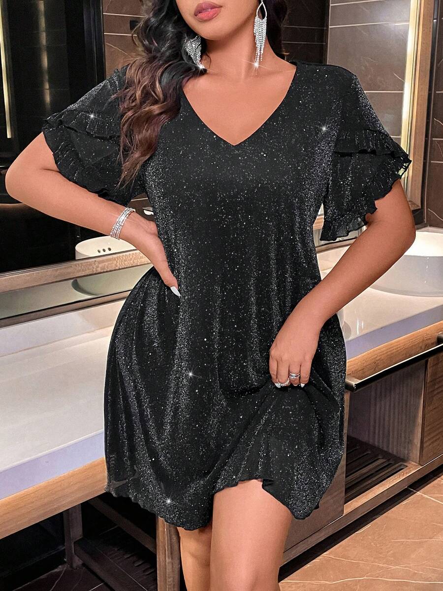大码 V 领宽松闪亮女士连衣裙，高端优雅风格 - 黑色 - 查看 1