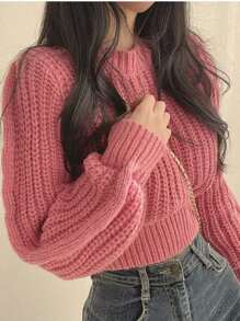 INAWLY Áo len nữ dài tay cổ tròn màu trơn, kiểu dáng thường ngày, thích hợp mặc mùa thu đông. - Hồng - Xem 3