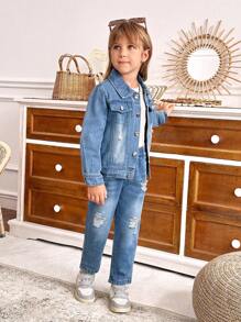SHEIN 2pcs/Set Young Girl Fashion Distressed Denim Jacket And Jeans Casual Outfit