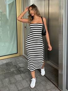 SHEIN Unity Ladies Striped Bodycon Bandage Strapless Slit Dress Maxi Women Outfit - Black and White - View 5