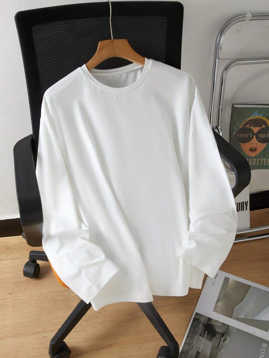 Teen Boy Solid Color Crew Neck Long Sleeve Relaxed Casual T-Shirt, Spring & Summer - White - View 1