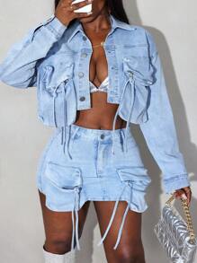 Slaydiva Áo khoác denim dài tay giản dị có túi nút phía trước màu trơn - Rửa nhẹ - Xem 3