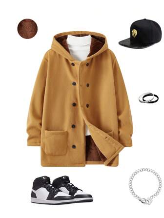 SHEIN Teen Boys' Casual Hooded Camel Brown Warm Jacket, Thermal Lined Wind Resistant, Suitable For Autumn, Winter, Warmth, Casual, College Style, Daily Wear, Sports, Birthday Party, Skiing, All-Match And Simple Design