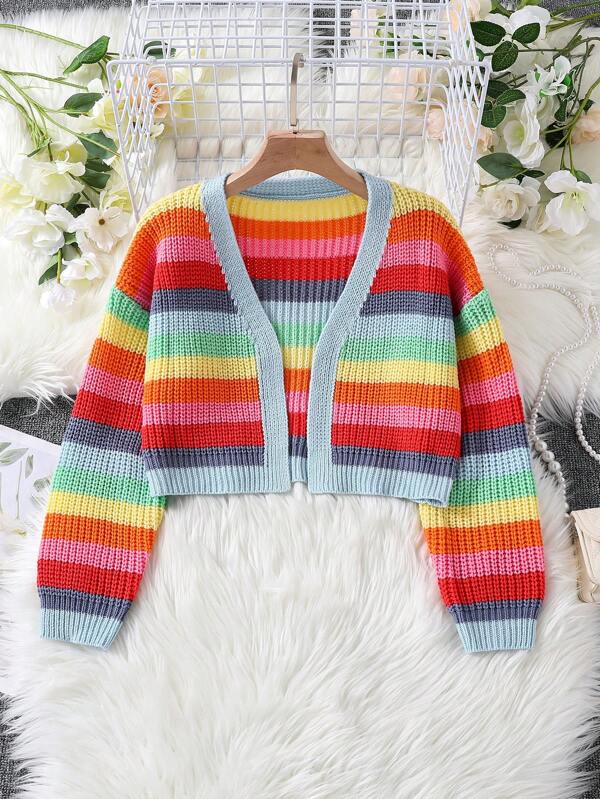 Chaqueta de punto con bloques de color de rayas de arcoíris para niñas, Otoño/Invierno