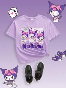 HELLO KITTY AND FRIENDS | SHEIN Tween Girl Kuromi 卡通图案紫色休闲百搭可爱短袖上衣 - 紫色 - 查看 3