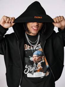 Manfinity VCAY Sudadera con capucha de manga larga de punto con estampado gráfico en inglés de corte holgado para hombre, para otoño e invierno - Negro - Ver 2