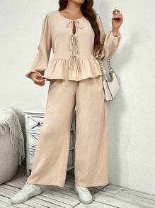 SHEIN Essnce 2pcs Women Plus Size Bowknot Front Cardigan Top And Casual Wide Leg Pants Set