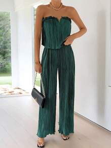 Firerie 女士簡單優雅的深綠色V領寬鬆背心和腰間有凹槽線的寬腿褲 - 墨綠色 - 查看 8