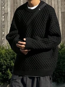 DAZY Men's Round Neck Drop Shoulder Casual Loose Plain Knit Sweater, Autumn, Grunge Style