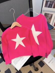 LMoss Kids Tween Girl Star Pattern Round Neck Drop Shoulder Sweater, Sibling Outfits,In Fall/Winter - Hot Pink - View 2