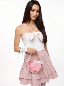 SHEIN MOD Fashion Solid Color Pearl Lace Bow Decor Half-Round Handbag For Women, Cute Bow Bag For Women - Pink - View 5