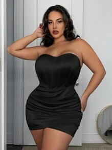 SHEIN SXY Plus Size Women Summer Sexy Solid Color Ruching Tube Top Mini Dress - Black - View 1