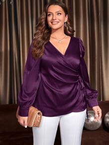 EMERY ROSE Plus Size V-Neck Long Sleeve Ruched Waist Tie Up Elegant Blouse - Purple - View 3
