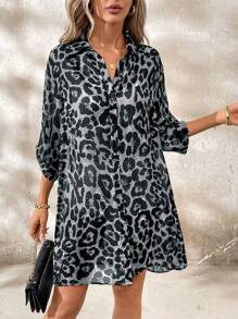 SHEIN Clasi Women's Elegant Leopard Print Adjustable Long Sleeve Open Front Long Shirt - Grey - View 5