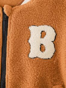 SHEIN 青少年男孩毛绒保暖夹克，拉链拼色长袖外套，儿童飞行员夹克 - 棕色 - 查看 4