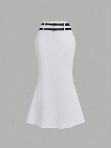 SHEIN MOD Chân váy đuôi cá màu trắng bằng vải nhung kẻ, cạp cao, thắt hai dây, chân váy đuôi cá màu trắng bằng vải nhung kẻ, cạp cao, thắt hai dây, thích hợp cho lễ hội và mùa thu. - trắng - Xem 1