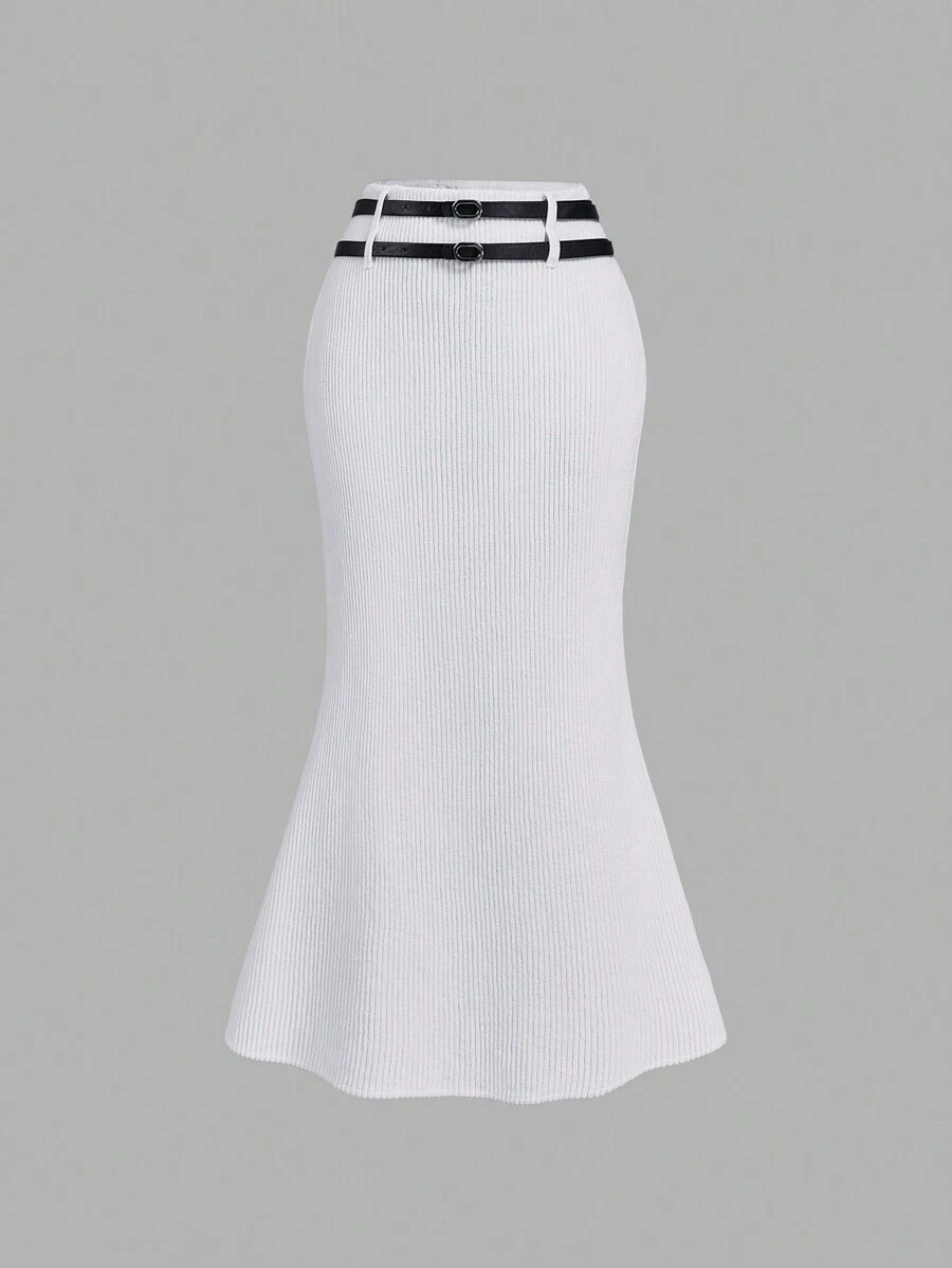 SHEIN MOD Chân váy đuôi cá màu trắng bằng vải nhung kẻ, cạp cao, thắt hai dây, chân váy đuôi cá màu trắng bằng vải nhung kẻ, cạp cao, thắt hai dây, thích hợp cho lễ hội và mùa thu. - trắng - Xem 1