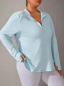 Rhythm Era Plus Size Solid Color Front Zipper Simple Long Sleeve Casual Zip Up Sweatshirt - Dusty Blue - View 3