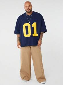 EASEVO 大码男士休闲字母图案印花宽松 V 领短袖针织 T 恤，适合夏季运动、外出 - 藍色 - 查看 7